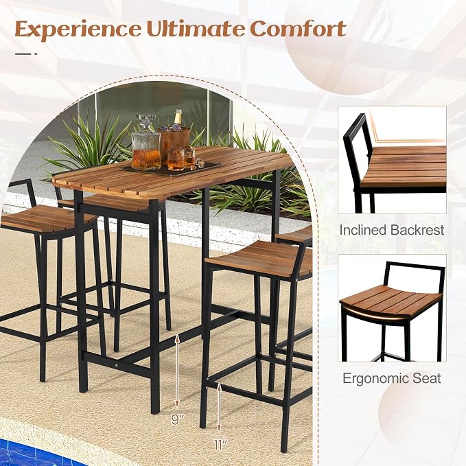 Tangkula 5 Piece Acacia Wood Bar Table Set, Outdoor Bar Height Table & Chairs - Image 8