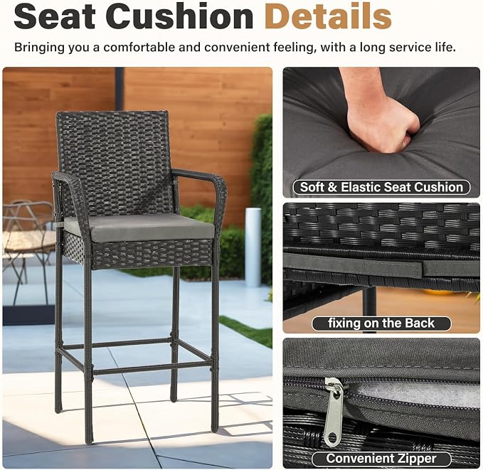 ECOTOUGE Set of 2 Patio Rattan Barstools, All-Weather Wicker Bar Height Chairs - Image 5