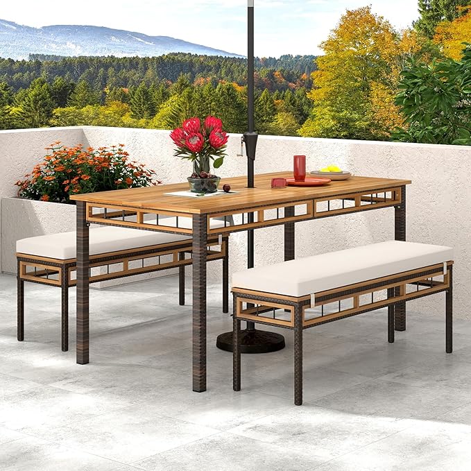 Tangkula 3 Pieces Wood Patio Dining Set, Outdoor PE Wicker Rectangular Acacia - Image 2