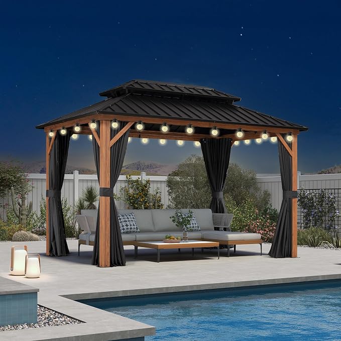 PURPLE LEAF 8' X 12' Hardtop Gazebo Outdoor Wood Grain Aluminum Frame by PURPLELEAF