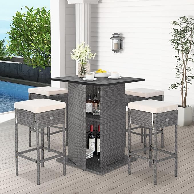 Tangkula 5 Piece Outdoor Rattan Bar Set, Patio Bar Furniture - Image 3