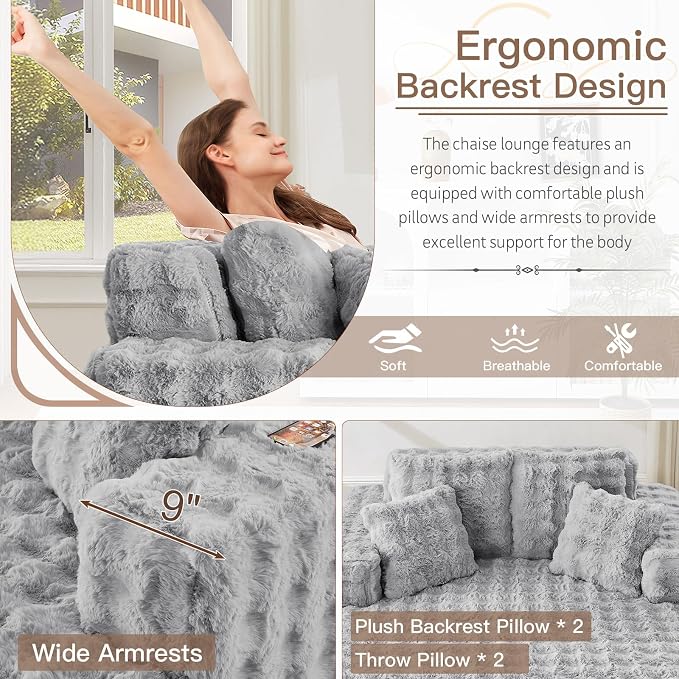 56"W Oversized Chaise Lounge Chair Indoor, Plush Faux Fur Sleeper Couch Sofa Bed - Image 4