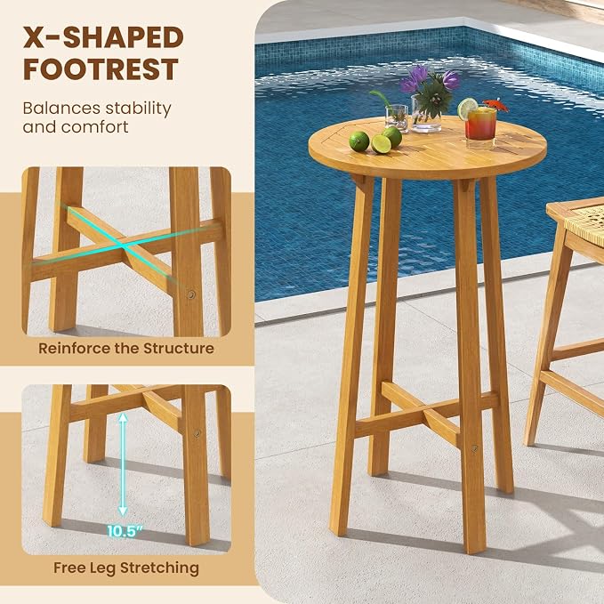 Tangkula 3 Piece Patio Bar Set, Teak Wood Bistro Furniture - Image 5