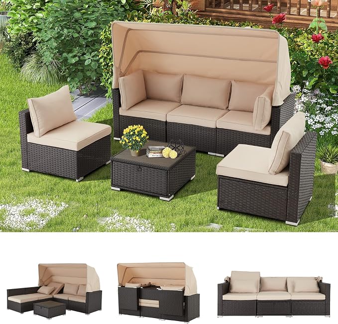 Vicluke 6 Pieces Patio Furniture Sets Outdoor Sectional Sofa Set Rattan Daybed by Vicluke