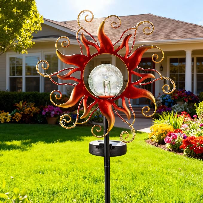 Solar Lights Outdoor Waterproof Red Sun Metal Crackle Glass Stake Decorative - Image 7