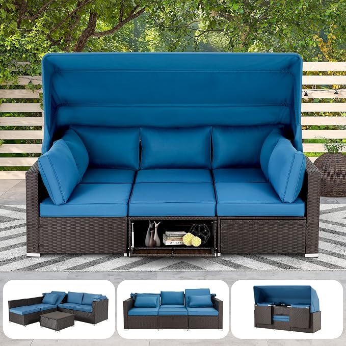 HOMREST 6 Pieces Patio Furniture Sets, Rattan Daybed by HOMREST