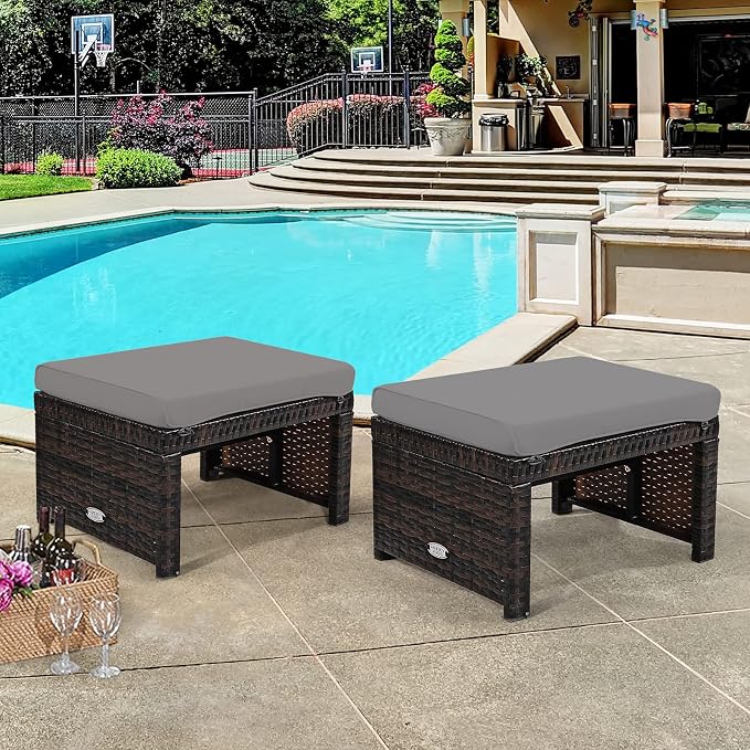 Tangkula 2 Pieces Patio Rattan Ottomans, All Weather Outdoor Footstool Footrest - Image 2