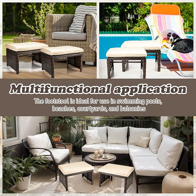 2 Pcs Patio Rattan Ottomans Outdoor Wicker Ottomans Patio Footstool Footrest - Image 7