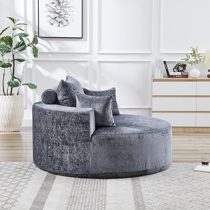 Oversized Round Chaise Longue Chair Indoor, Modern 55-inch Upholstered Chenille - Image 9