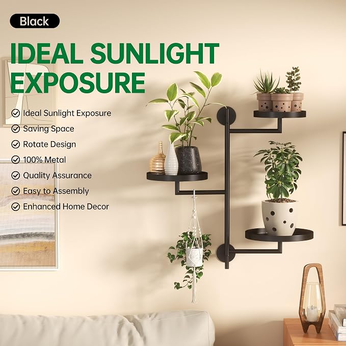 Rotating Window Wall Plant Shelves Stand Holder, 3 Tiered Metal Floating Plant - Image 6