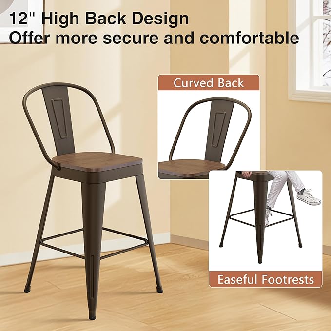 ALISH 26 Inch Industrial Bar Stools Set of 4, High Back Metal Barstools - Image 6