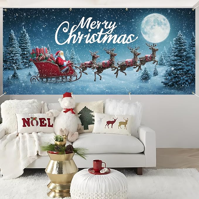 Merry Christmas Red Sleigh Garage Door Banner 6x13FT, Santa - Image 5