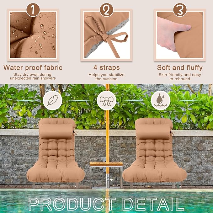 Tudomro 1 Pcs Brown 66'' Outdoor Chaise Lounge Cushion Waterproof Patio Lawn - Image 4