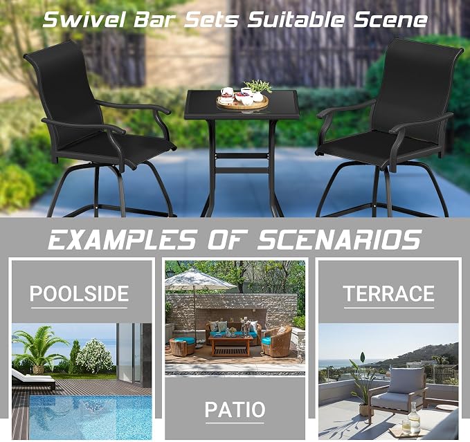 LEVELEVE Patio Bar Set 2pcs Swivel Bar Stools Outdoor Bistro Textilene - Image 6