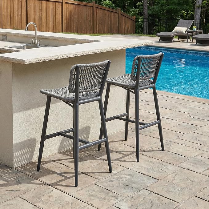 PURPLE LEAF Bar Stools Set of 4 Patio Wicker Bar Height Metal Chairs Boho High - Image 2
