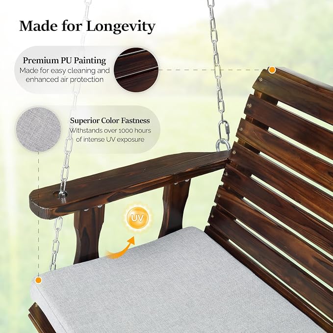 VINGLI Wooden Porch Swing, Heavy Duty 880 LBS Hanging Patio Bench - Image 3