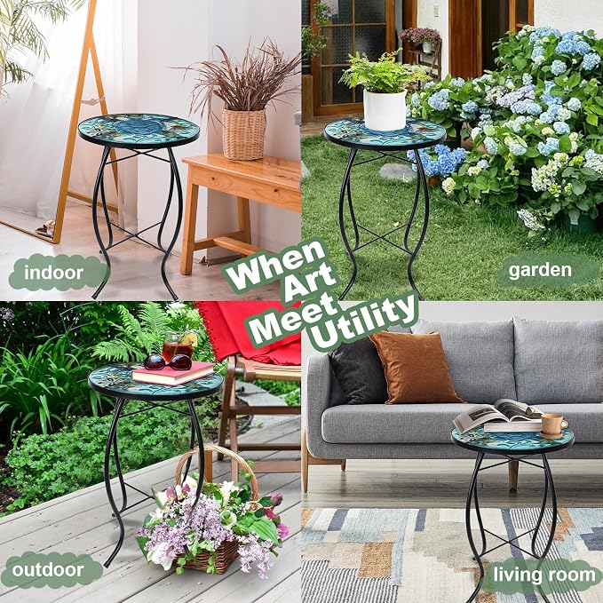 VCUTEKA Patio Side Table Outdoor Accent Table Small Mosaic Table Coffee Table - Image 7