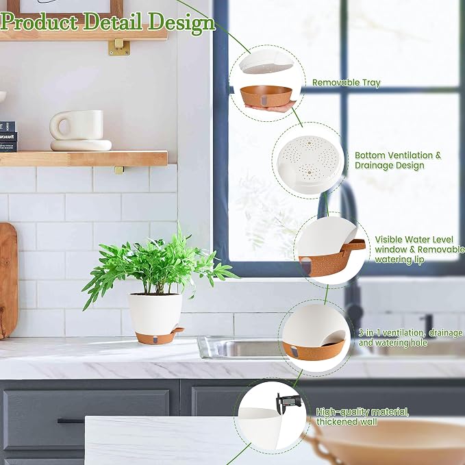 Self Watering Pots for Inoor Ourdoor Plants 8/7/6.5/6/5 Inch Plastic Planters - Image 3