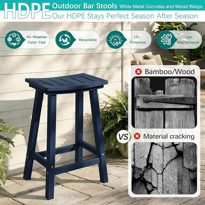 Outdoor Bar Stools Set of 2, 24 Inch All-Weather HDPE Counter Height Chairs - Image 4