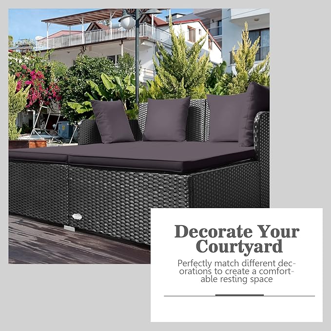 Outdoor Rattan Daybed, Patio Loveseat Sofa Set w/Comfortable Cushions, Extra - Image 5