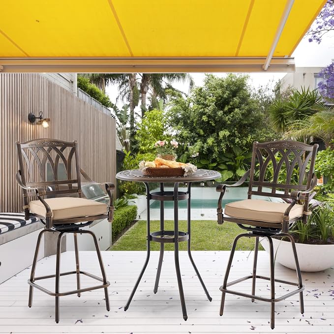3 Piece Swivel Outdoor Table and Chairs Bar Set, All-Weather Cast Aluminum - Image 7