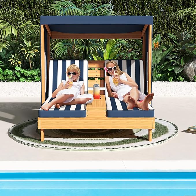 Costzon Kids Lounge Chair Outdoor, Wood Double Seat Chaise Lounge - Image 5