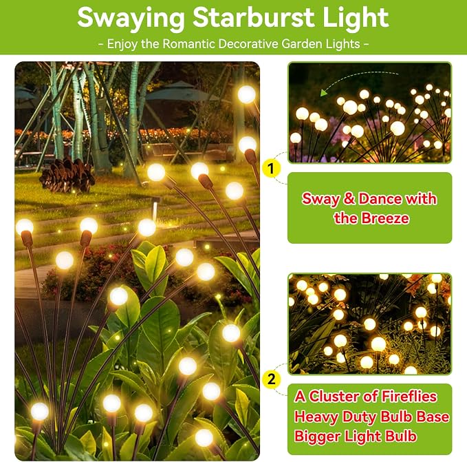 Solar Garden Lights Outdoor Waterproof, 4 Pack 32 LED Swaying Light Firefly - Image 2