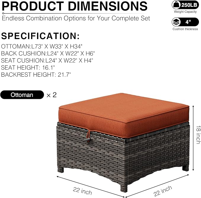 Joyside Outdoor Ottoman Set of 2, Patio Large Ottoman Foot Rest - Image 3