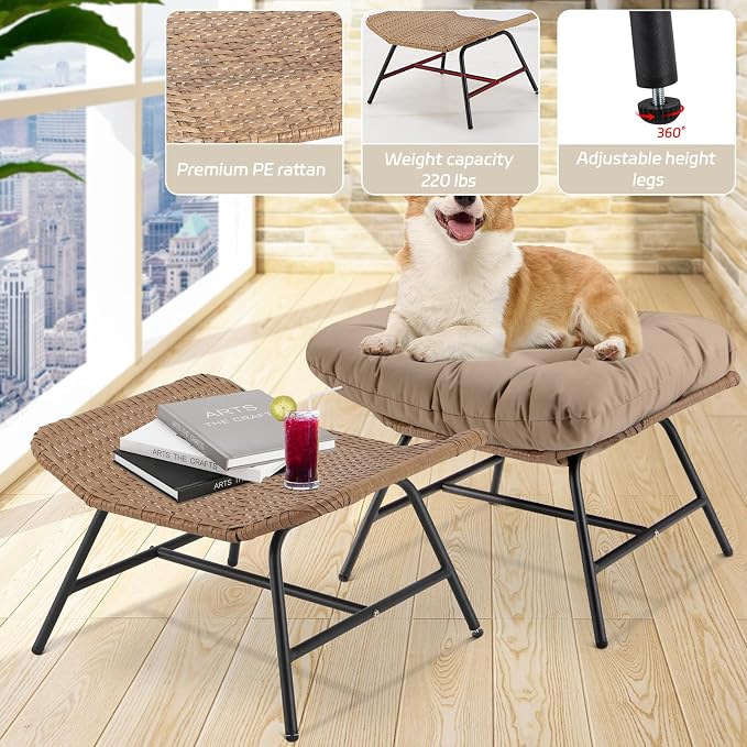 BULEXYARD 2 Pieces Outdoor Patio Ottomans, Indoor Outdoor Wicker Footrest - Image 5