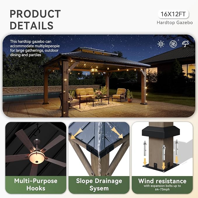 Aoxun 12' x 16' Outdoor Wood Gazebo, Hardtop Gazebo Permanent Wooden Pavilion - Image 3