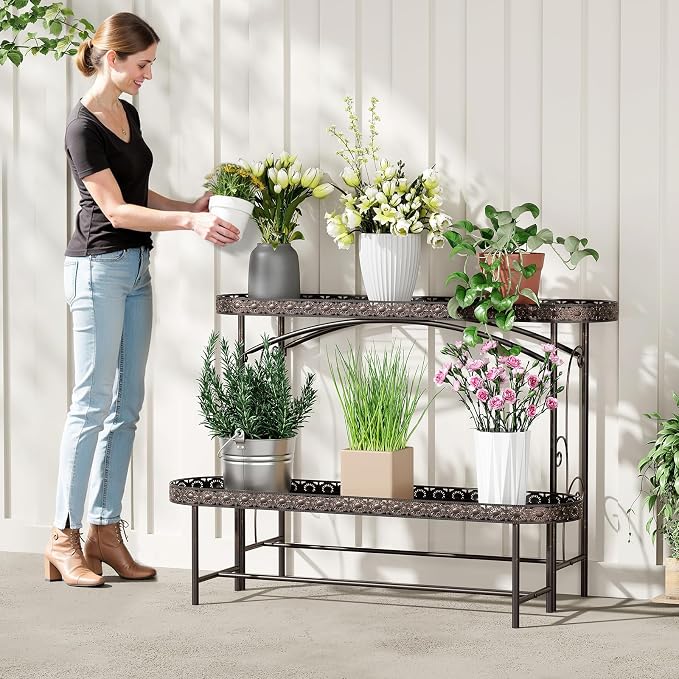 Plant Stand Outdoor Indoor 2 Tier Metal Pland Stand, Detachable Heavy Duty Tall - Image 2