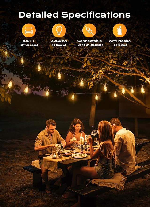 Brightown Outdoor String Lights Patio Lights, 100FT ST38 Shatterproof Dimmable - Image 2
