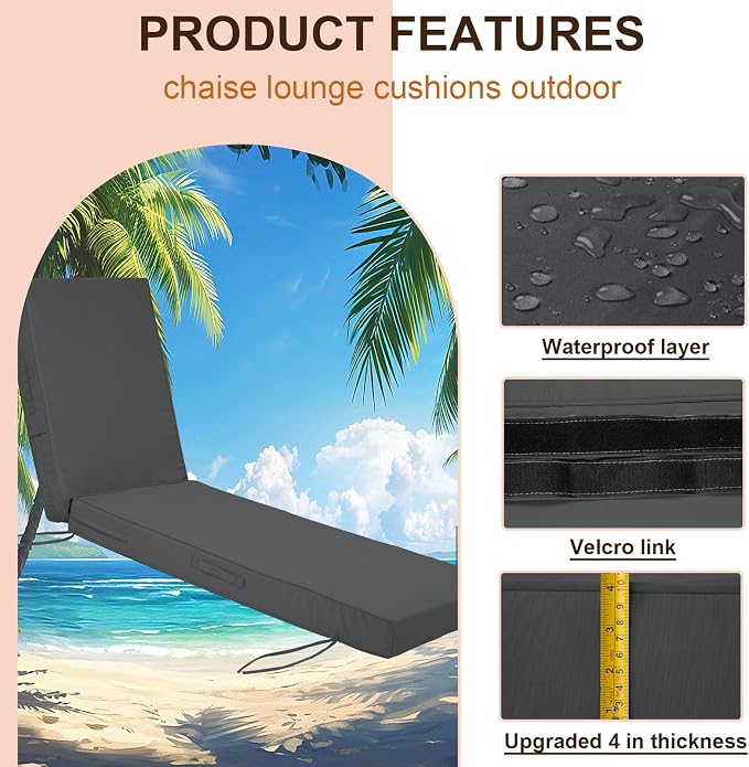 Outdoor Chaise Lounge Cushion, 4 Inch Thick Waterproof Fade Resistant Patio - Image 2