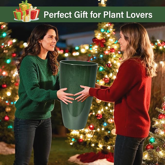 Set of 2 Lightweight Ceramic-Look Tall Planter, 21 inch Large Plastic Planter - Image 9