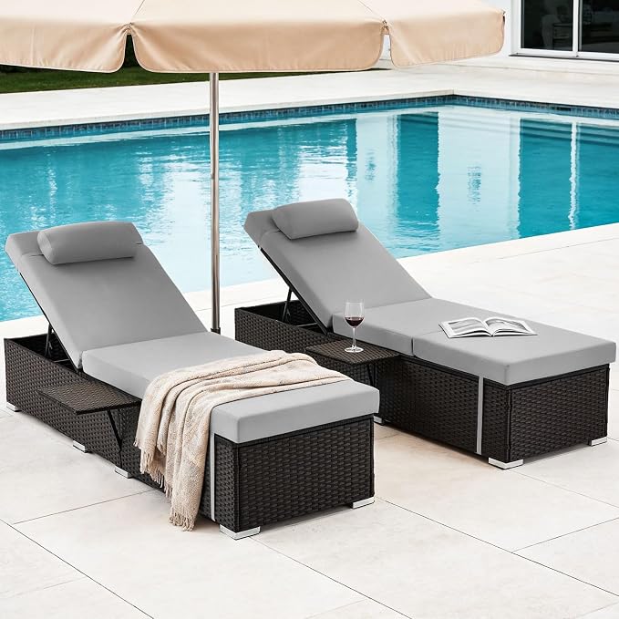 Outdoor Chaise Lounge with Adjustable Backrest Set of 2, 6-Position Reclining - Image 7