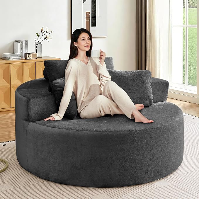 Antetek Oversized Round Chaise Longue Chair Indoor, Modern 55-inch Upholstered by Antetek
