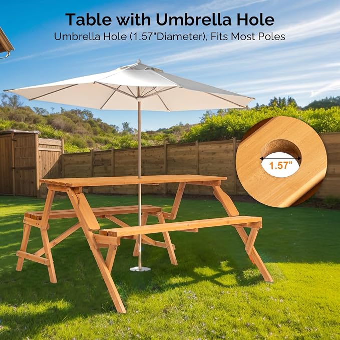 VINGLI 2-in-1 Outdoor Wooden Picnic Table and Bench Set - Image 5