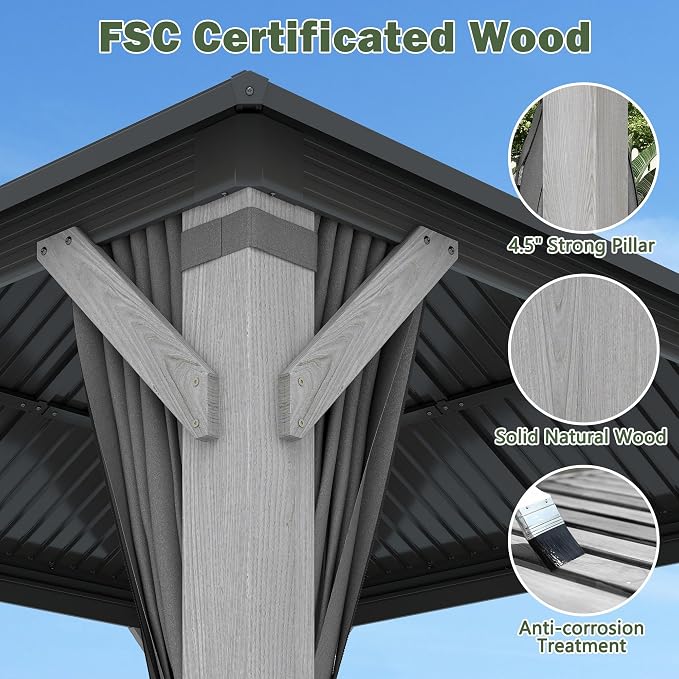 8.5'x8.5' Hardtop Wood Gazebo, Outdoor Double Roof Galvanized Steel Top Gazebo - Image 3