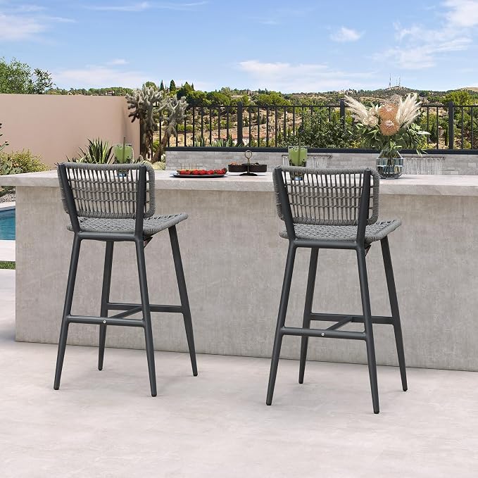 PURPLE LEAF Bar Stools Set of 2 Patio Wicker Bar Height Metal Chairs Boho High - Image 9