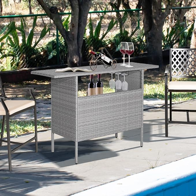 Tangkula Outdoor Wicker Bar Table, Patiojoy All Weather Patio Bar Height Table - Image 8