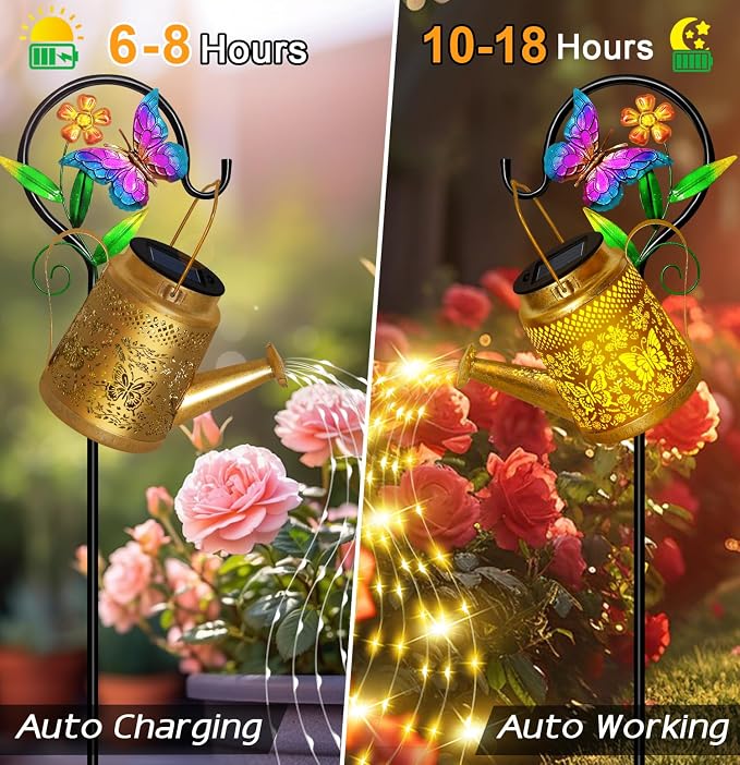 Solar Watering Can Lights Outdoor Garden Decor, Large Butterfly Hanging Lantern - Image 3
