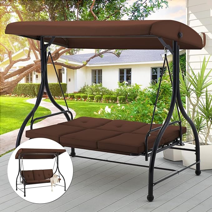 AECOJOY Porch Swing Chair, 3 Seats Porch Swing Adjustable Backrest & Canopy - Image 6