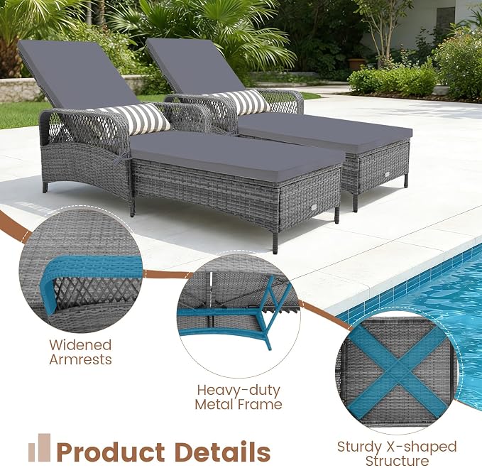 Tangkula Wicker Chaise Lounge Outdoor Set of 2, Patio Rattan Reclining Chaise - Image 8