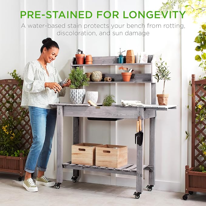 Best Choice Products Mobile Garden Potting Bench, Outdoor Wood Workstation - Image 6