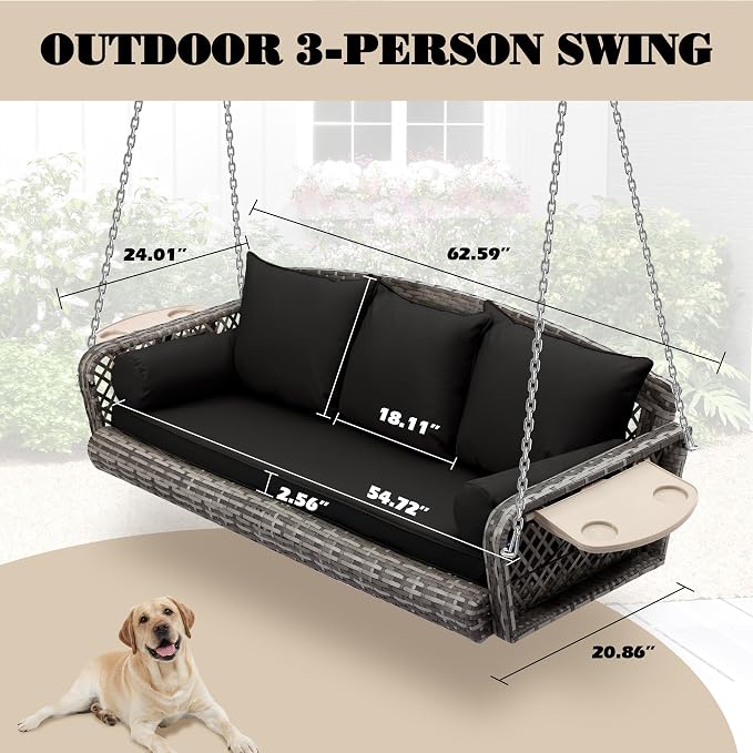 3-Person Hanging Porch Swing, Outdoor Wicker Hanging Swing Chair, 76inch Wicker - Image 7