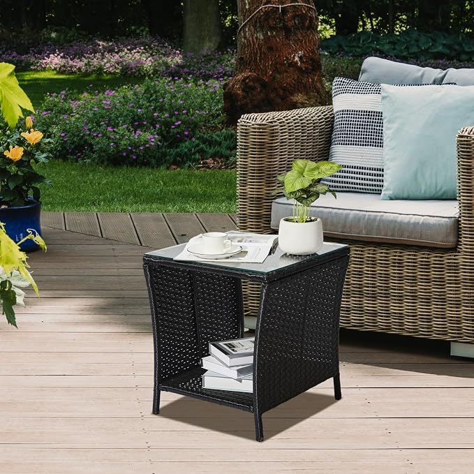 VINGLI Outdoor Wicker Side Table Patio Side Tables - Image 2