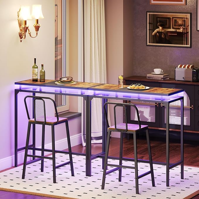 Bar Table with LED Lights, Counter Height Table, Bar Height Pub Table, Metal - Image 4