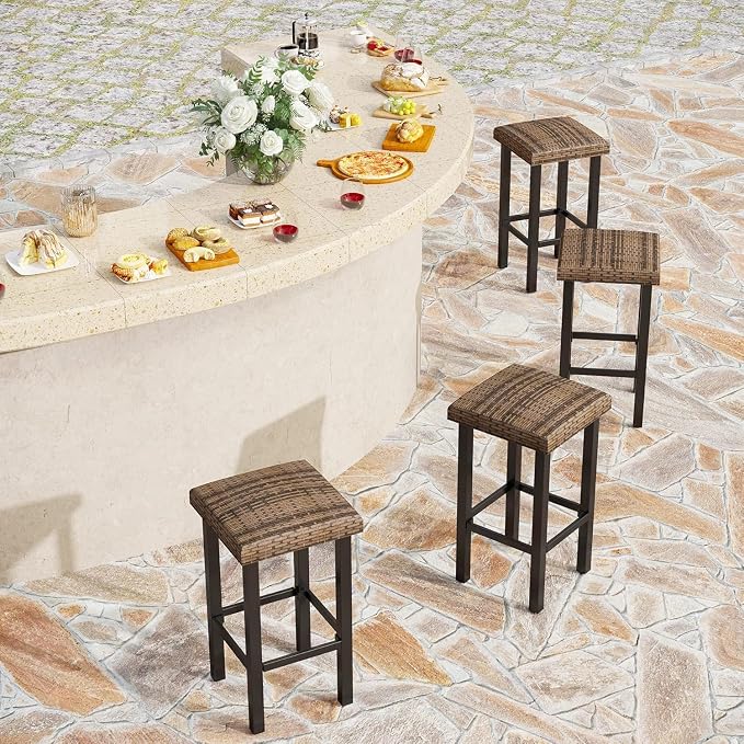 PHI VILLA Outdoor Bar Stools Set of 4, 26” Wicker Seat Counter Height Backless - Image 5