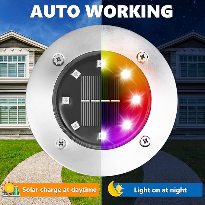 LYHOPE Solar Ground Light Outdoor, 16 Pack 8 LED Color Changing Solar Disk - Image 6