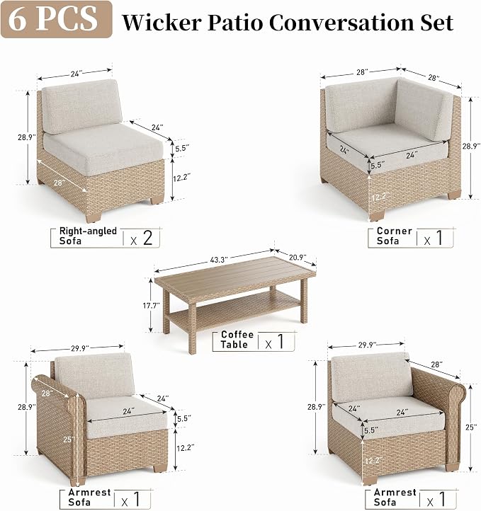 Patio Furniture Set 6 Piece, Wicker Rattan Sectional Sofa Couch - Image 4